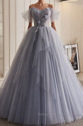 Unique And Beautiful Silver Gray Beaded Pearl Sequins Off The Shoulder Sleeveless Decal Pleated Ball Dress Silver Gray A-Shaped Thin Gauze Pong Truffle Back Strap And Ground Length Semi Formal Prom Dress